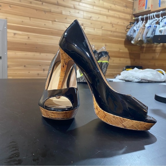 Antonio Melani Black Patent Leather Peep Toe Cork Platform Heels - Picture 3 of 12